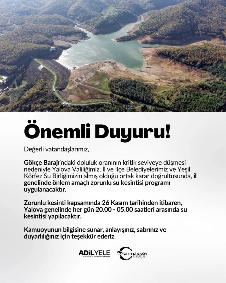 Her gün 20.00 – 05.00 saatleri arasında su kesintisi