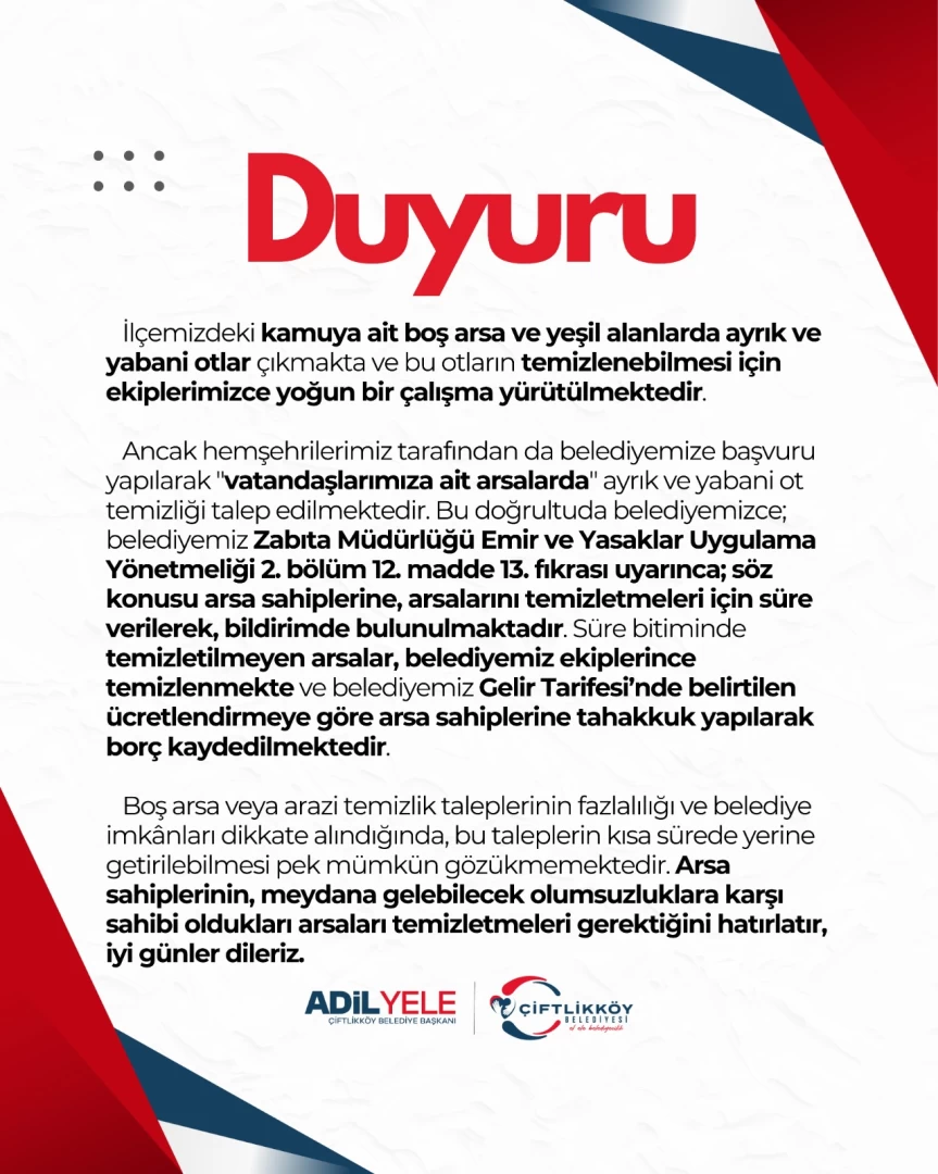 ARSA TEMİZLİĞİ DUYURUSU